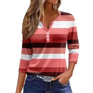 Imagem de Camisetas femininas listradas Henley manga três quartos ajuste solto roupas de treino verão, 3 - Vermelho, GG