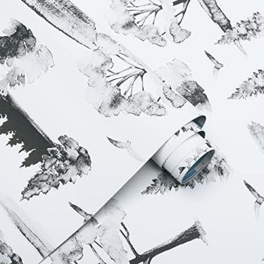Imagem de Papel de parede preto e branco, descasque e cole papel de parede de árvore e pássaro, papel de contato autoadesivo removível para cobertura de parede de quarto 39,6 cm x 197"