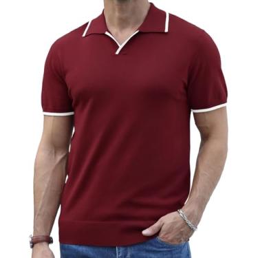 Imagem de Anelune Camisa polo masculina de malha casual, manga curta, gola V, camisetas macias de verão, Vermelho, XXG
