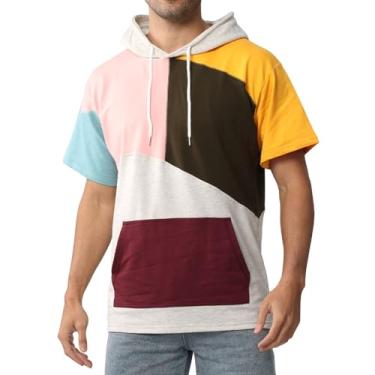 Imagem de Covisoty Camiseta masculina de manga curta, algodão macio, cor contrastante, absorção de umidade, bolso canguru, hip hop, moletom com capuz, Rosa, verde, Medium