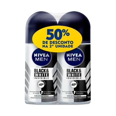 Imagem de Desodorante Roll-On Nivea Men Black & White Invisible Masculino com 2 unidades com 50ml cada 2 Unidades