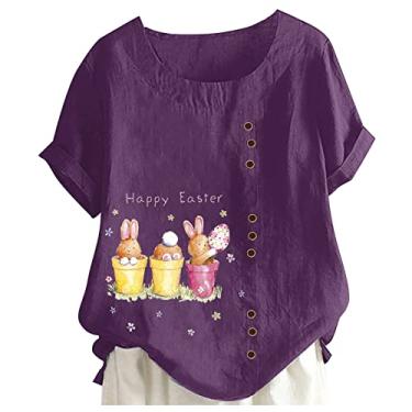 Imagem de Camiseta feminina de linho de Páscoa, estampa de coelho, manga curta, túnica, gola redonda, caimento solto, blusa casual, Roxa, G