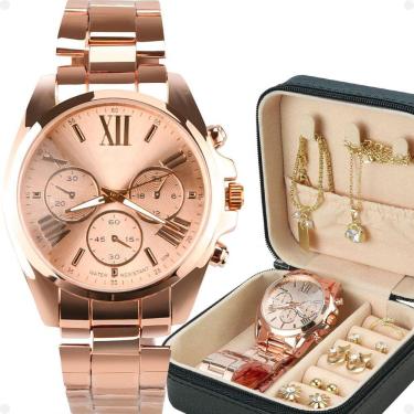 Imagem de Relogio feminino banhado + pulseira + porta joia + colar