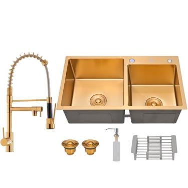 Imagem de HOLTTER Kit Cuba Dupla Aço Inox 304 Com Torneira Gourmet Flexível e Acessórios - Torneira de Bancada Monocomando ou Parede (Bancada, Dourado)