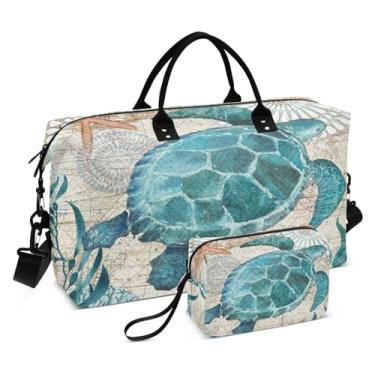 Imagem de Bolsas de fim de semana, bolsa de ginástica, vida marinha, tartaruga, coral, bolsa de transporte noturna com bolsa de higiene para viagem de avião, viagem, academia, ioga, Sea Lives Turtle Coral, one
