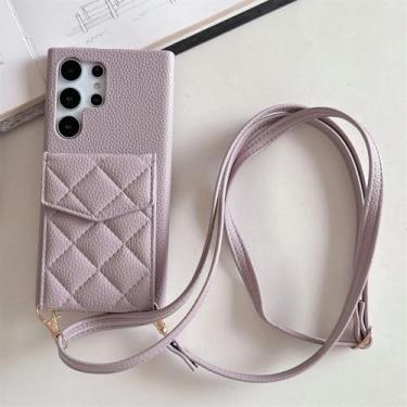 Imagem de Carteira de couro treliça flip card case para Samsung S24 Ultra S23 FE S22 Plus A55 A35 A15 A54 A24 A14 A53 A23 Capa de cordão, roxa, para Samsung S23FE