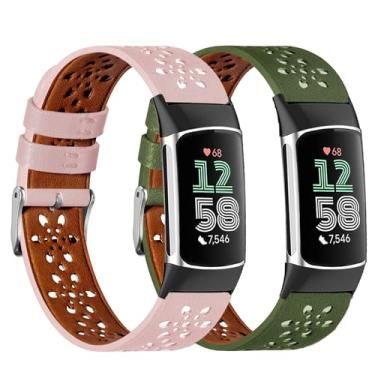Imagem de Dailatu Pacote com 2 pulseiras de couro compatíveis com Fit Bit Charge 6/Charge 5 para mulheres e homens, pulseiras de substituição florais ocas para Fit Bit Charge 5/Charge 6 Fitness Tracker