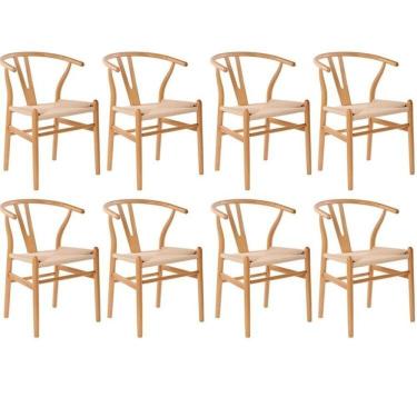 Imagem de Kit com 8 Cadeiras para Sala de Jantar Wishbone Madeira Maciça Madeira Clara