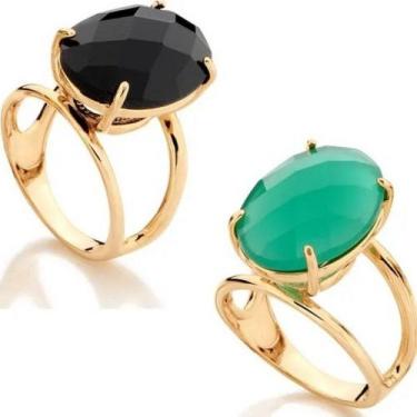 Imagem de Anel banhado ouro 3x 24k 18k e 22k feminino com pedra preto ou verde r