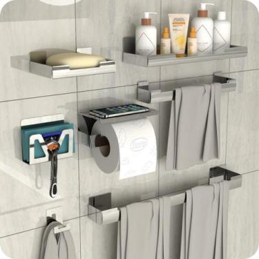 Imagem de Kit Acessórios Para Banheiro Inox Com Adesivo 7 Peças ELG - MetalCromo