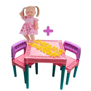 Imagem de Kit Mesa Tritec Menina Rosa + Bebê Loira Elisi Fala 30 Frase - Tritec 