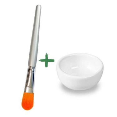 Imagem de Kit Pincel 18 Cerdas Seda Aplicação Máscaras, Cubeta Porcelana Estétic