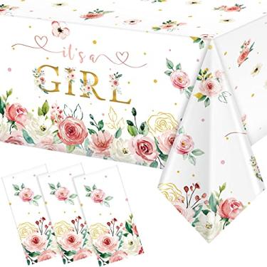 Imagem de 3 Pieces Floral Baby Shower Supplies It's a Girl Baby Shower Party Tablecloths Girls Pink Flowers Table Cover for Kids Sweet Baby Girls Shower Gender Reveal Birthday Party Decorations