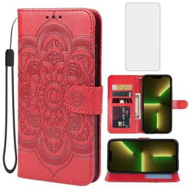 Imagem de Yodueiv Capa para iPhone 13 Mini, capa carteira para Apple 13 Mini de 5,4 polegadas com protetor de tela de vidro temperado, alça de pulso de couro PU mandala com compartimentos para cartões, capa