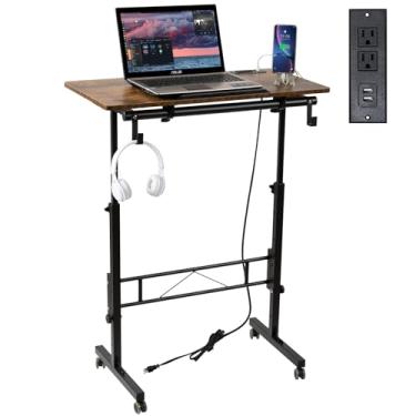 Imagem de SIDUCAL Mesa de pé ajustável em altura com mesa inclinável, mesa de laptop com estação de carregamento, mesa de suporte portátil com rodas, marrom rústico