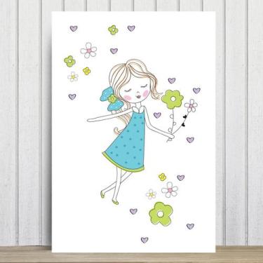 Imagem de Placa Decorativa MDF Infantil Menina Flores Turquesa 20x30cm - Quartin
