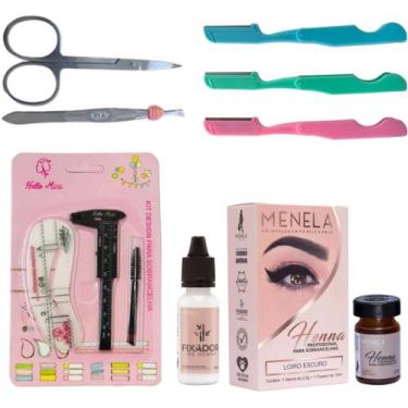 Imagem de kit henna menela sobrancelha designer profissional pincel duplo navalh