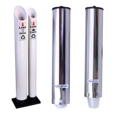 Imagem de Kit Lixeira Dupla C/ Suporte Copo Descartável Água Café Inox - JSN