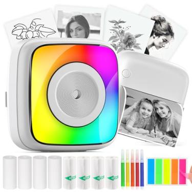 Imagem de HuiJuKeJi Mini impressora de adesivos com bolso leve RGB impressora térmica sem tinta para iOS e Android, 9 rolos de papel térmico e 5 canetas coloridas, impressora de recibos portátil inteligente