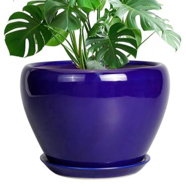 Imagem de Ceramicfor Vaso de cerâmica de 25,4 cm - Vaso de plantas de interior para plantas com orifício de drenagem e pires grande vaso de flores redondo para ambientes externos de meados do século para