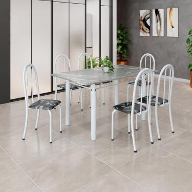 Imagem de Conjunto de Mesa Tubular 140cm X 75cm Tampo em Granito Topázio com 6 Cadeiras Iris Preto / Branco