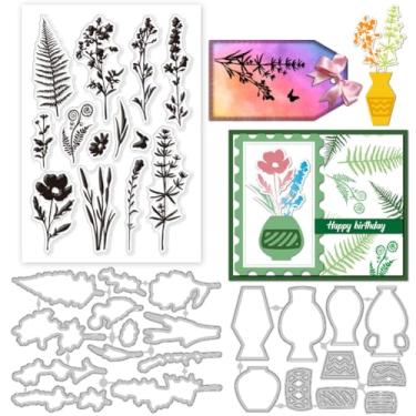 Imagem de GLOBLELAND Conjunto de carimbos e matrizes de corte transparentes para confecção de cartões, silhueta de flor, selo, silicone, transparente, metal, folha de samambaia, recortes para álbum de fotos