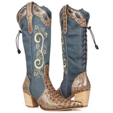 Imagem de Bota Feminina Cano Longo Texana Couro Jeans Capelli Boots Marrom+Azul 