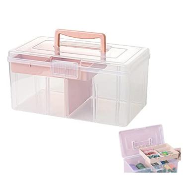 Imagem de FOREVERIE Caixa de armazenamento de arte e artesanato de material de escritório de plástico transparente, organizador de caixa de costura grande com bandeja removível e divisória ajustável, estojo portátil de maquiagem de viagem (transparente e rosa)
