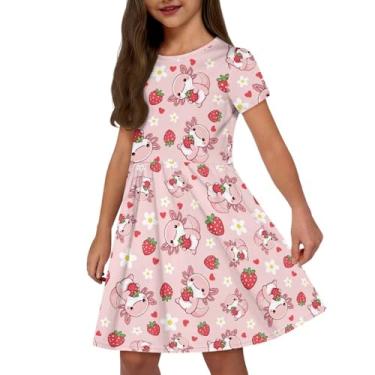 Imagem de XXQGOMG Vestido casual de manga curta com bolsos para meninas de 3 a 14 anos, Axolotl Morango, 11-12