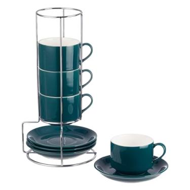 Imagem de CHILDIKE Copos de cappuccino de porcelana de 227 g com pires e suporte de prata, copos verdes enegrecidos conjunto de 4