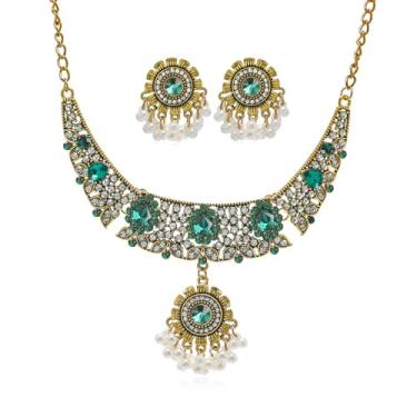 Imagem de Conjunto de joias indianas de zircônia cúbica verde gargantilha colar flor ouro Jhumka brinco para mulheres zircônia cúbica frisado grosso ouro lustre pingente colares moda festa casamento Bollywood