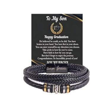 Imagem de Presentes de formatura para ele, To My Son Pulseira From Mom Love You Forever Linked Together Pulseira de couro para pós-graduação, Medium, Liga de aço Couro, Sem Pedra Preciosa