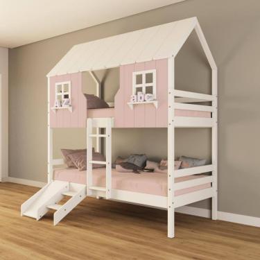 Imagem de Beliche Casinha Encantada com Kit Escada/ Escorregador Madeira Maciça Rosa/ Branco Housin