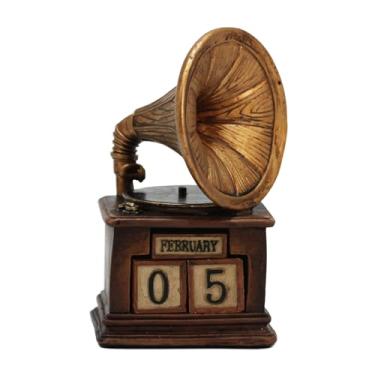 Imagem de Calendário vintage de blocos de gramofone para mesa, calendário perpétuo de mesa de resina 2025, acessórios de mesa retrô para decoração de mesa de escritório em casa, reutilizável anualmente