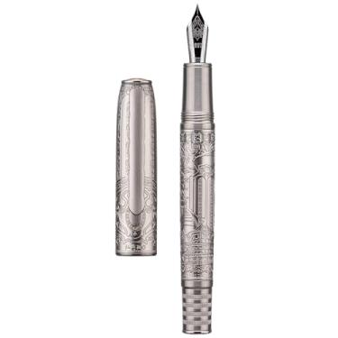 Imagem de Hongdian 100 Piston Caneta-tinteiro de aço prateado, caneta de caligrafia de ponta média irídio, caneta de escrita suave com conjunto de estojo de caneta