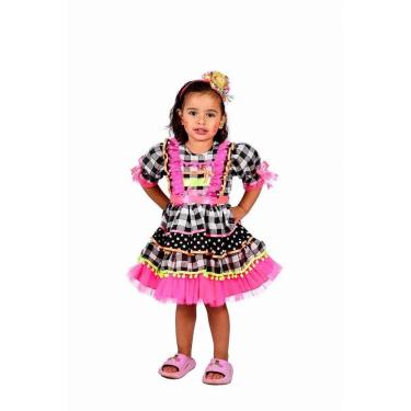 Imagem de Vestido Junino Bambolê Fluor Com Babado Pink Tiara Colorido