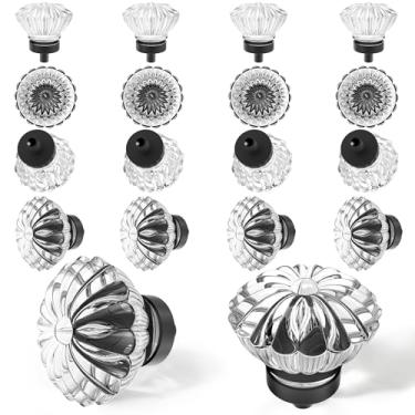 Imagem de Puxadores de armário de cristal de flores, pacote com 16, base preta fosca e cristal transparente pequeno puxador para armário, cômoda, gavetas, armário, guarda-roupa, puxadores retrô de liga sólida
