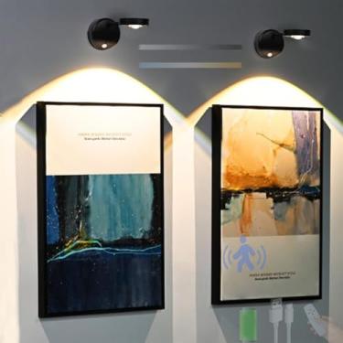 Imagem de Lâmpada LED com sensor de movimento, arandela de parede com controle remoto, regulável, bateria recarregável USB, luz de parede, rotação de 360°, pinturas de inteligência sem fio, corredor, sala de