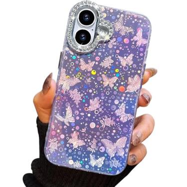 Imagem de I-MGAE-IN-AR Capa compacta para iPhone 16 Plus com design de borboleta, moldura de proteção de lente de câmera de diamante 3D, capa protetora de TPU macia e macia à prova de choque para mulheres