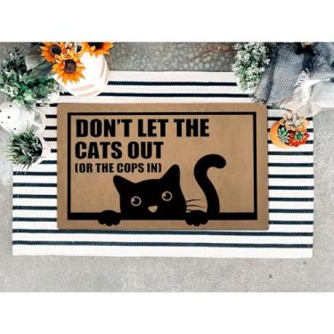Imagem de ZHAOFLY Capacho engraçado de boas-vindas para tapete de porta da frente, tapetes de presente para decoração de casa de entrada (60 cm x 39,6 cm) (não deixe os gatos sair)