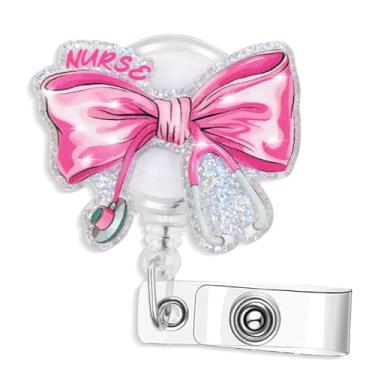 Imagem de Porta-crachá de enfermeira – Porta-crachá retrátil com laço rosa brilhante com clipe durável, acessórios de enfermeira para equipe médica, RN, médico, professor, escritório, hospital, presente