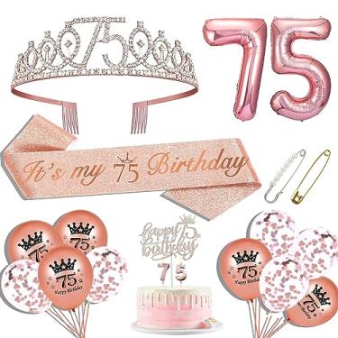 Imagem de Hysilla Presentes De 75º Aniversário Para Mulheres, Faixa, Coroa, Topo Bolo, Balões, Broche E Conjunto Velas, Ouro Rosa
