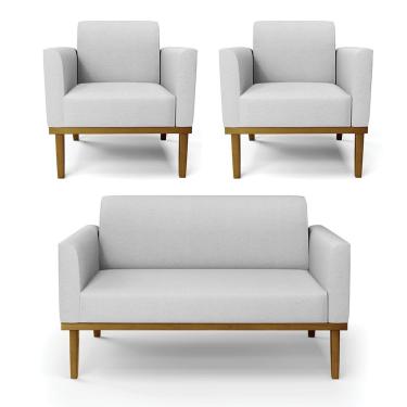 Imagem de Sofá Namoradeira Com 2 Poltronas Base De Madeira Fixa Castanho Marisa Linho D03 - D'Rossi A05 Cinza