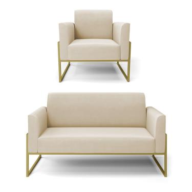 Imagem de Sofá Namoradeira Com Poltrona Base Industrial Alta Dourado Marisa Suede Bege D03 - D\'rossi