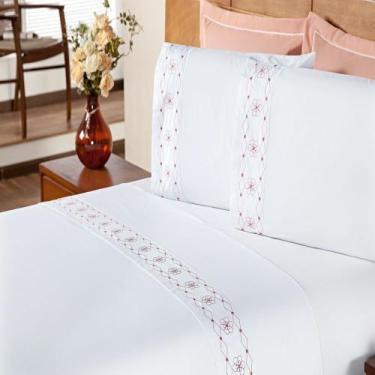 Imagem de Jogo de Cama Queen 200 fios Damasco Branco e Salmão Enxovais Aquarela 