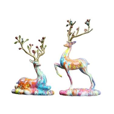 Imagem de Fenteer Estátuas de veados 2x Figuras de rena criativa Standing Standing Casal Elk Sculpture for Shelf Living Room Desktop TV Gabinete