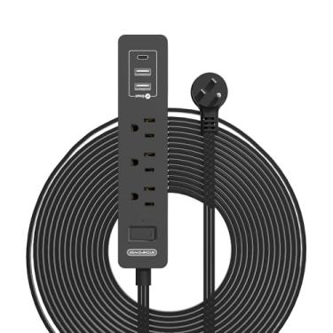 Imagem de Cabo de extensão longo de 15 pés, cabo de extensão plano ultrafino NTONPOWER sob o tapete, tapete, porta, 3 tomadas régua de alimentação com 3 USB, suporte de parede, proteção contra sobrecarga para