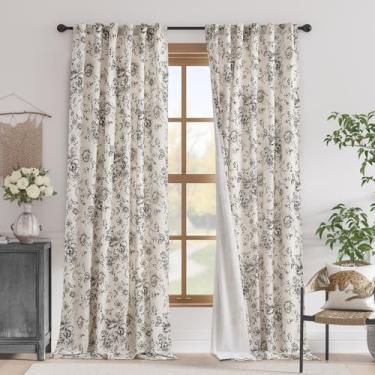 Imagem de jinchan Cortina blackout de mistura de linho, cortinas blecaute florais para sala de estar, 260 cm de comprimento, estampa preta com cortina blackout forrada para quarto, fazenda, conjunto de 2