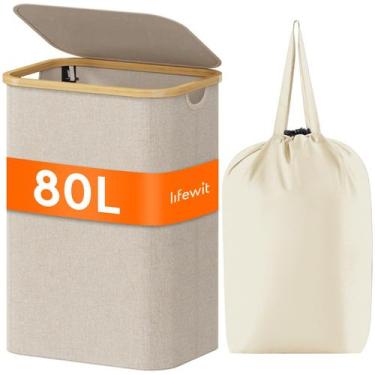 Imagem de Cesto de roupa suja Lifewit 80L com tampa, alças de bambu e bolsa bege