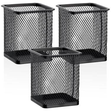 Imagem de Segarty Suporte quadrado para caneta, pacote com 3 porta-canetas preto para mesa, recipiente de metal para lápis, acessórios de mesa, organizador para escritório, escola, casa, pincel de maquiagem